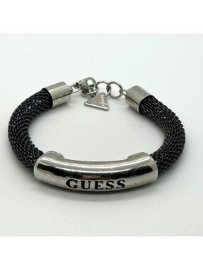 GUESS Gunmetal Tone Mesh ID Bracelet With Silver Logo Bar & Lobster Clasp For Wo